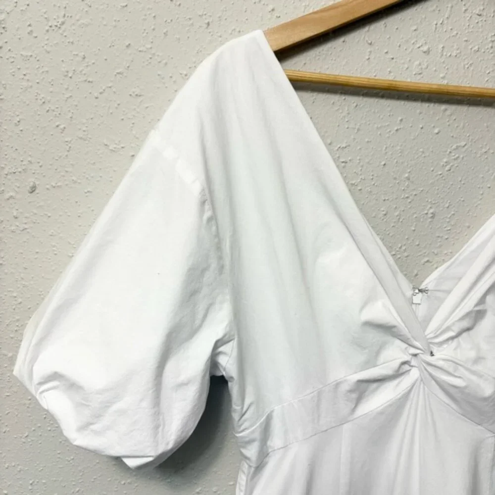 STAUD Finely Twisted Front Midi Dress Classic White V-Neck Puff Sleeve, Size 8 - Picture 7 of 14
